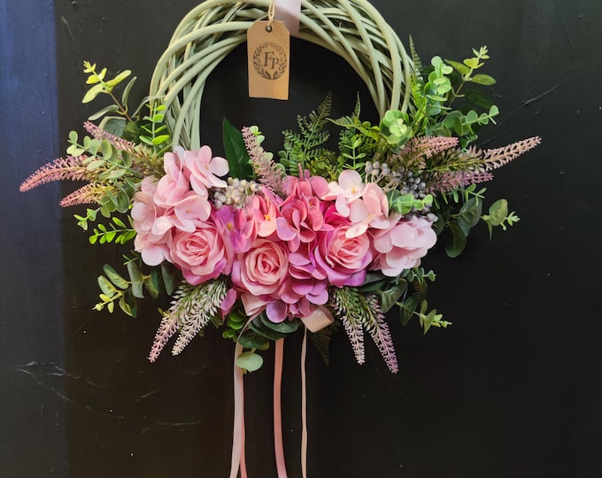 Pink roses and hydrangea artificial flowers handmade door wreath