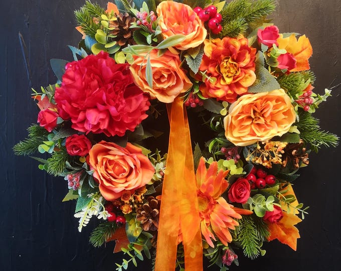 Autumn Orange & Red Artificial Wreath, Fall Floral Door Decoration, Rustic Orange Ribbon Wreath, Ready to Ship Home Decor
