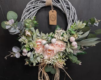 Blush Peony Front Door Wreath, Pink Floral Wreath with Berries & Eucalyptus