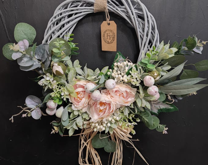 Pink peonies and berries artificial flowers handmade door wreath