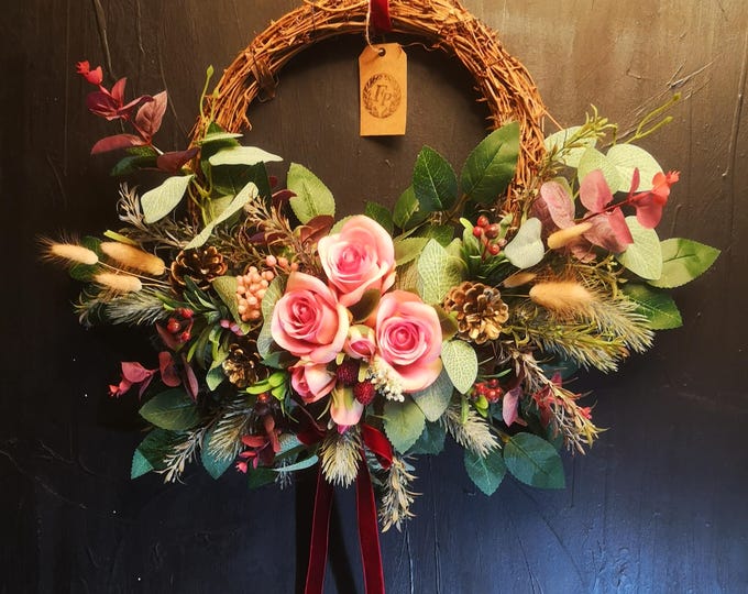 Winter Door Wreath Christmas Pink Rose Pinecone Grapevine Wreath