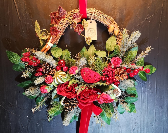 Winter Door Wreath Handmade Red Rose Berry Red Velvet Heart Cinnamon Grapevine Base