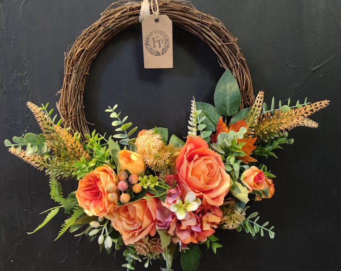 Autumn orange artificial flowers handmade door wreath
