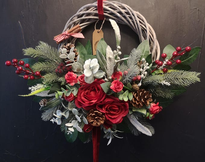 Winter Front Door Wreath Faux Red Rose Red Berry Cinnamon Grey Wicker Base