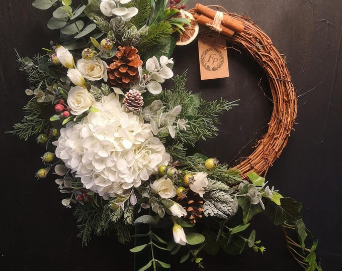 Winter Door Wreath Artificial White Hydrangea Rose Eucalyptus