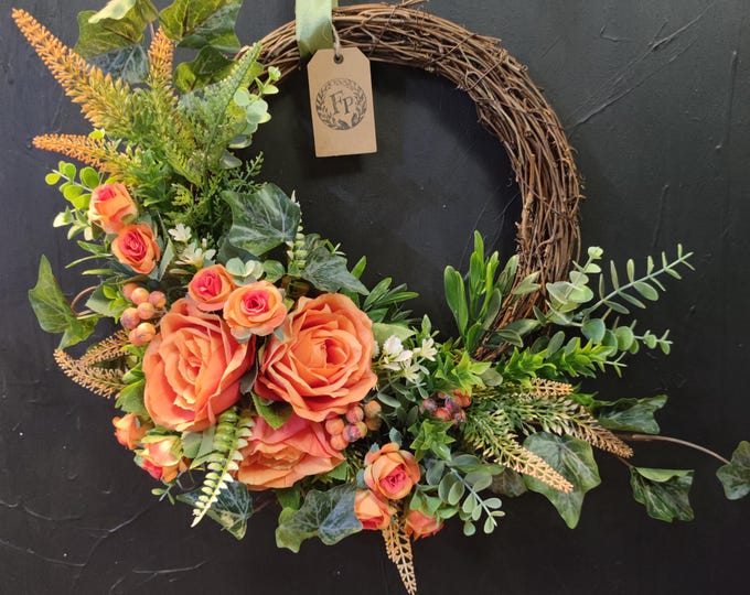 Orange roses and berries artificial flowers handmade Autumn door wreath
