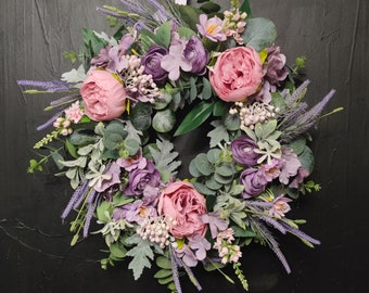 Pink and purple handmade artificial flowers door wreath