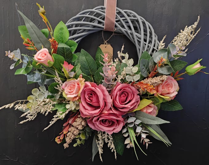 Pink roses artificial flowers handmade door wreath