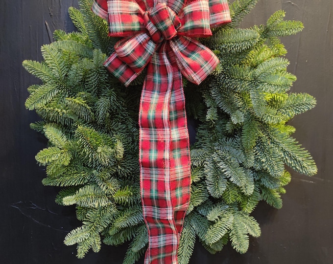 Fresh Blue Pine Christmas Wreath Tartan Bow 20 Inch Non Drop