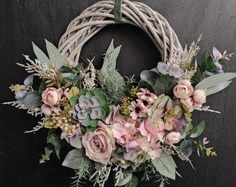Pastel Succulent Front Door Wreath – Pink Hydrangea & Rose Floral Wreath – Handmade Grey Wicker Cottage Wreath