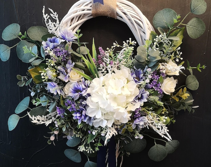 White Hydrangea Door Wreath, Blue Floral Wreath, Lavender Eucalyptus Wreath, Front Door Wreath, Handmade Artificial Flower Wreath