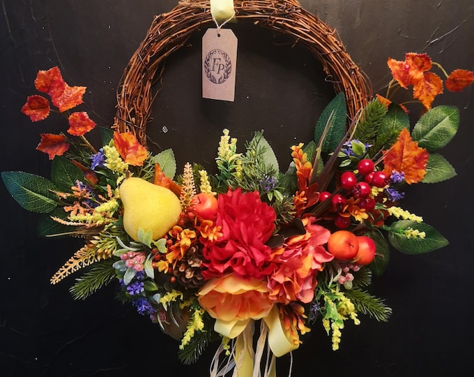 Autumn Harvest Wreath with Red Peonies Apples Pears and Berries Fall Door Decor