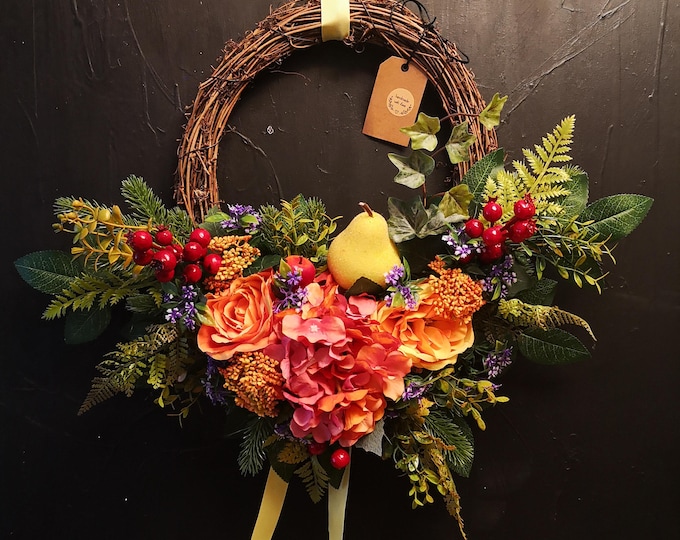 Autumn Pear and Hydrangea Front Door Wreath with Orange Roses Red Berries on Grapevine Base