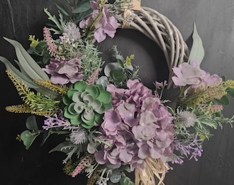 Mauve hydrangea, thistle and succulent artificial handmade door wreath