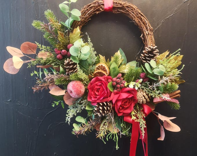 Autumn Door Wreath Handmade Red Rose Sugar Apple Dried Orange Cinnamon Grapevine Base