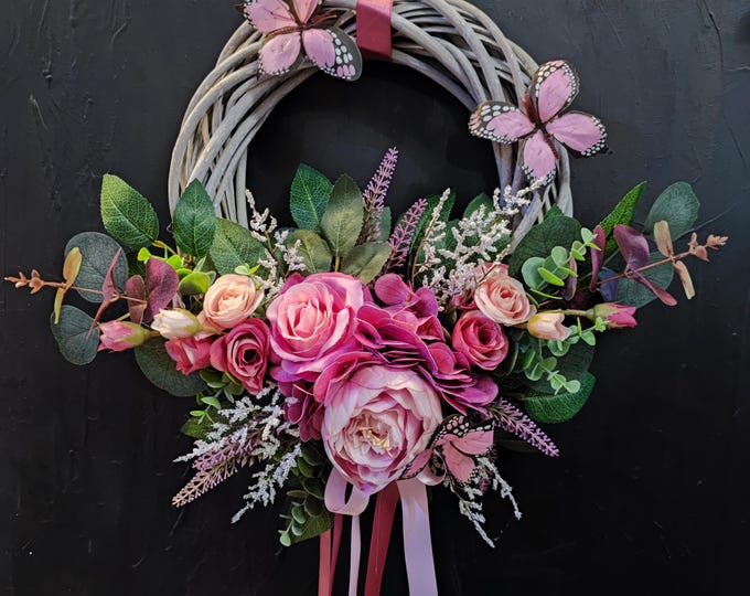 Pink sensation - artificial flowers handmade door wreath with butterflies