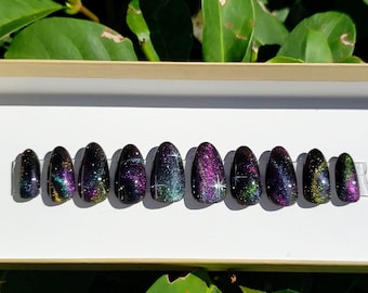 10%Off Late Ship Sale Galaxy Nails Custom Size Reusable Apres Gel-X Press-on Nails Set Cat Eye Nails Glitter Nails