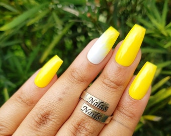 10%Off Late Ship Sale Yellow and White Nails - Custom Size Reusable Apres Gel X Press-on Nail Set Tie Dye Nails Ombre Summer Nails