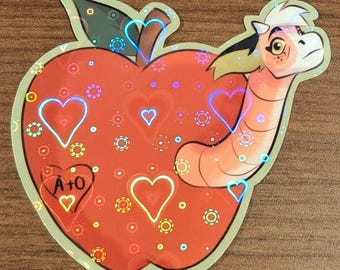 Cursed Apple Worm Apple Holographic Heart Sticker Rankless Waterproof Decal