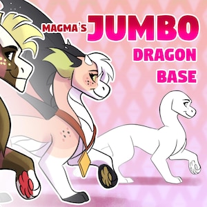 Könnte beinhalten: Digitale Illustration von drei Drachen. Der erste Drache ist braun, beige und rot, der zweite beige, weiß und grün, und der dritte ist eine weiße Umrisszeichnung. Text: "Magma's Jumbo Dragon Base."