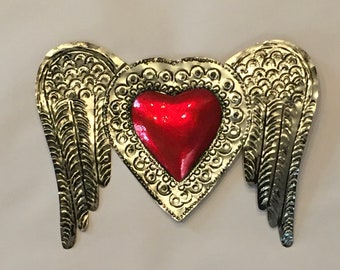 LARGE Handmade Tin SACRED HEART, Mexico Tin Heart, Sacred Heart Mexico, Mexican Milagro, Heart with Wings