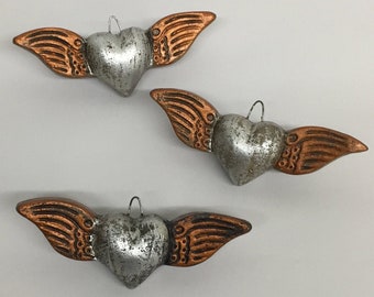 SET von drei Ton Sacred Heart Ornamente, Silber, Mexikanische Sacred Heart, Herzverzierung, mexikanisches Milagro Herz