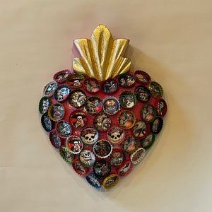 DAY of the DEAD SACRED Heart, Images in Bottle Caps, Pink Background, Dia de Muertos, Calavera Sacred Heart, Mexico Dia de los Muertos