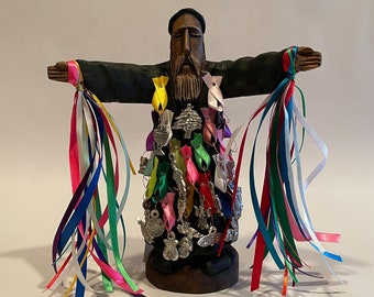 Saint CHARBEL MAKHLOUF with MILAGROS, Small, Hand carved Saint Charbel, Mexican Milagros, Saint Charbel Ribbons