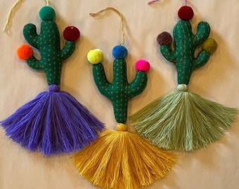 SET of THREE Embroidered CACTUS Ornaments with Pompons and Tassel, Mexican Ornament, Mexican Christmas Tree, Saguaro Ornament