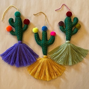 Cactus Ornaments, S/3, Embroidered CACTUS Ornaments with Pompons and Tassel, Mexican Ornament, Mexican Christmas Tree, Saguaro Ornament