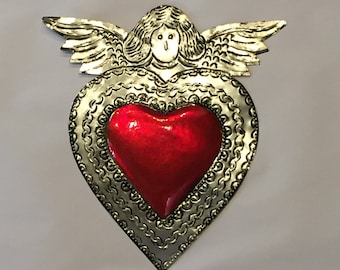 GROSSES HEILIGES HERZ mit Engel, Sacred Heart Ornament, Milagro, Mexikanisches Ex-Voto, Religiöses Dekor, Herz Ornament
