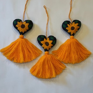 SET of THREE Hand Embroidered Hearts with Sunflower, Mexican Embroidered Heart, Handmade Heart, Mexican Heart Ornament, Chiapas Heart