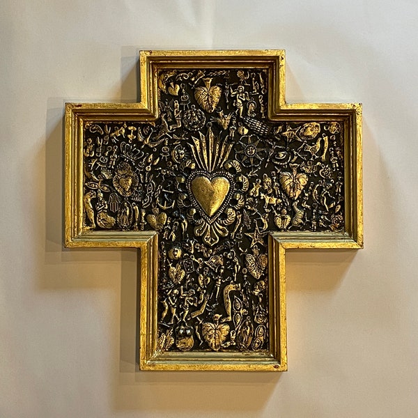 Stunning Milagro Cross, Cross with Mexican Charms, Cross with ExVotos, Cross with Gilded Frame, Cross with Sacred Heart