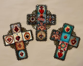 SACRED HEART Tin Tile CROSS, Small, Mexican Tin Cross, Religious Mexico, Sacred Heart Mexico, Tin Sacred Heart