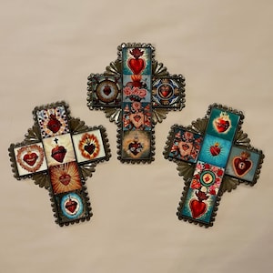 TIN CROSS with Assorted Sacred Heart Tiles, Small, Mexican Tin Cross, Religious Mexico, Sacred Heart Mexico, Tin Sacred Heart