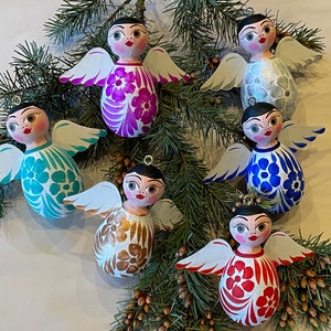 Hand Painted ANGEL Ornament BOY on White, OVAL Shaped Paper Mache, Mexican Ornament, Mexican Angel, Christmas Ornament