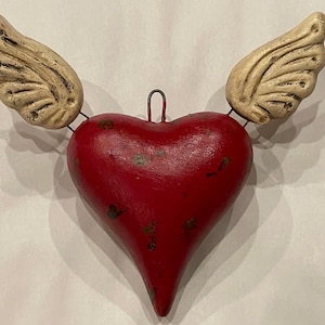 Large Red CLAY HEART with WINGS,  Mexican Heart, Mexican Sacred Heart, Heart Ornament