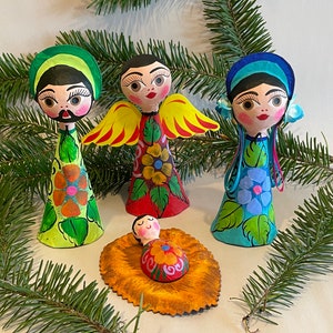Colorful PAPER MACHE NATIVITY, Four Pieces, Bell Shaped Figures, Mexico Nativity Set, Mexican Creche, Christmas in Mexico