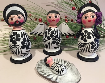 Paper Mache NATIVITY, Black and White, Four Pieces, Mexico Nativity Set, Mexican Creche, Christmas in Mexico