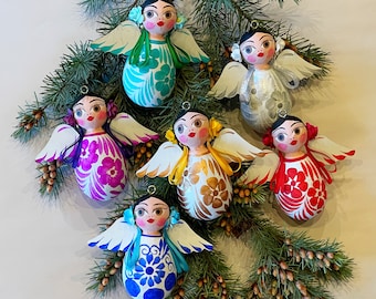Hand Painted ANGEL Ornament GIRL on White, OVAL Shaped, Paper Mache, Mexican Ornament, Mexican Angel, Christmas Ornament
