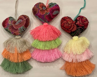 Cross Stitched HEART ORNAMENTS with Tassel, S/3,  Mexican Heart Ornament, Heart with Pompom, Chiapas Heart, Corazon Bordado