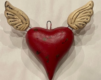 Gran CORAZÓN DE ARCILLA ROJA con ALAS, Corazón Mexicano, Sagrado Corazón Mexicano, Adorno de Corazón