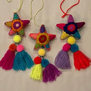 SET of THREE Embroidered STAR Ornaments with Pompons and Tassels, Mexican Star Ornament, Mexican Christmas Ornament, Handmade Star Ornament