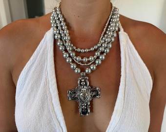 Mexican Milagro Cross Necklace: Handmade Silver Tone Beadwork