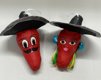 Handmade Paper Mache Chili Pepper Ornaments: Mexican Fiesta Decor, Set of Two
