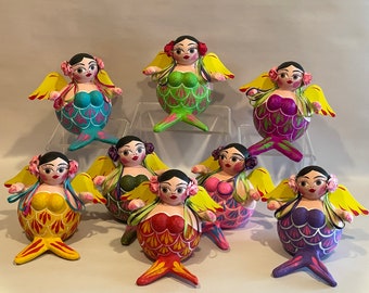 Colorful SITTING MERMAID ORNAMENTS, Paper Mache, Mexican Christmas Ornament, Mexican Mermaid