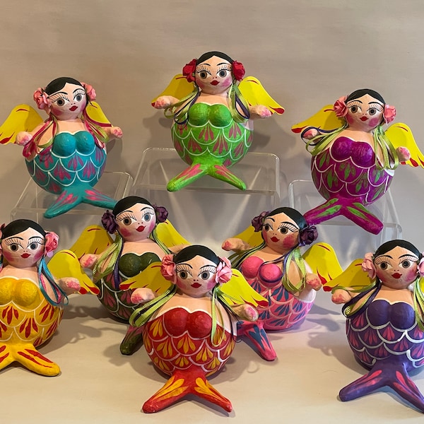 Colorful SITTING MERMAID ORNAMENTS, Paper Mache, Mexican Christmas Ornament, Mexican Mermaid