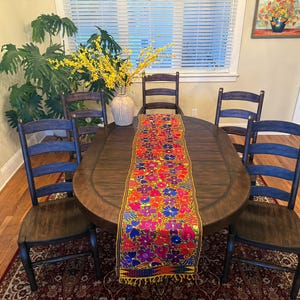 Mexican Table Runner, LONG -8 1/2&#39;!, Floral Design on Yellow, Chiapas Table Runner, Embroidered Mexico Runner, Woven Bed Runner