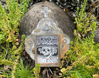Nicho miniature antique avec image de La Catrina, Nicho mexicain, Art du Mexique, Nicho rustique avec La Catrina