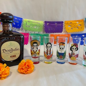 CATRINA Shot Glasses, Set of 5, Dia de los Muertos, Mexican Fiesta, Tequila Tumblers, Mexican Shot Glass